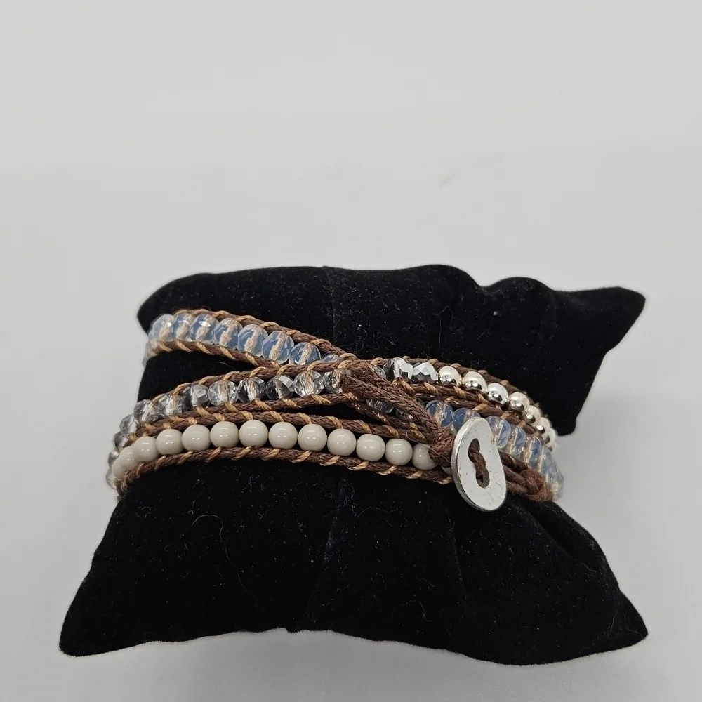 brown cord wrap bracelet with white milky and silver beads